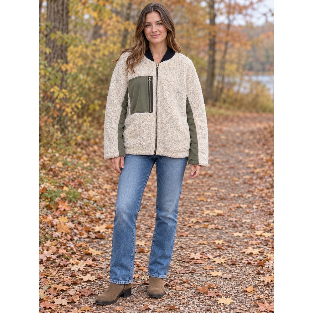 Free People We The Free Sherpa Bomber Jacket Cream Olive Green Full Zip Medium